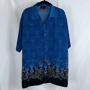 Vintage Korean Oriental Styled 2 Tone Dragon Flames Button Up Short Sleeve Top